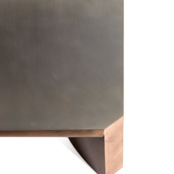 Superior Bellavista Copper Coffee Table with copper-cladded base and muted gray poplar block-board top in Black Patina finish