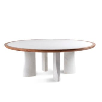 Distinguished Bellavista Michelangelo table crafted in solid oak with a refined marble insert and sculptural marble legs