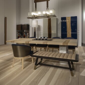 Distinguished Bellavista Michelangelo table with inlaid Italian poplar and olive ashwood, built with a solid marble base
