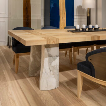 Superior Bellavista Michelangelo table in Italian poplar and olive ashwood with white marble columns and stained finish