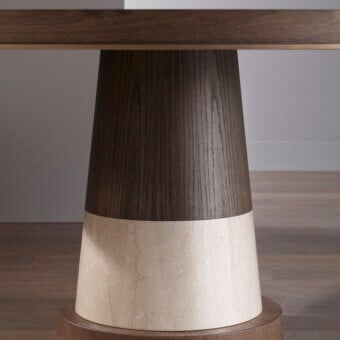 Distinguished Bellavista Oliver table with inlaid veneered top and light beige marble plinth in dark brown finish