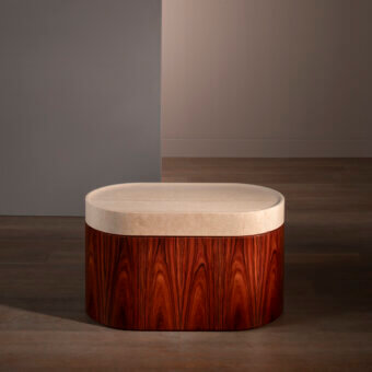 Exceptional Bellavista Osvaldo side table with curved reddish-brown Italian poplar wood and a light-colored solid marble surface