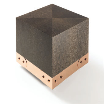 Elegant Bellavista coffee table with dark-stained wood and brass accents displaying a quadrant pattern crafted in Italian poplar block-board