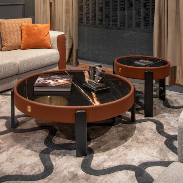 Superior Formitalia Kean coffee and side table set with dark marble-like tops and tan leather frame built with dark wood legs