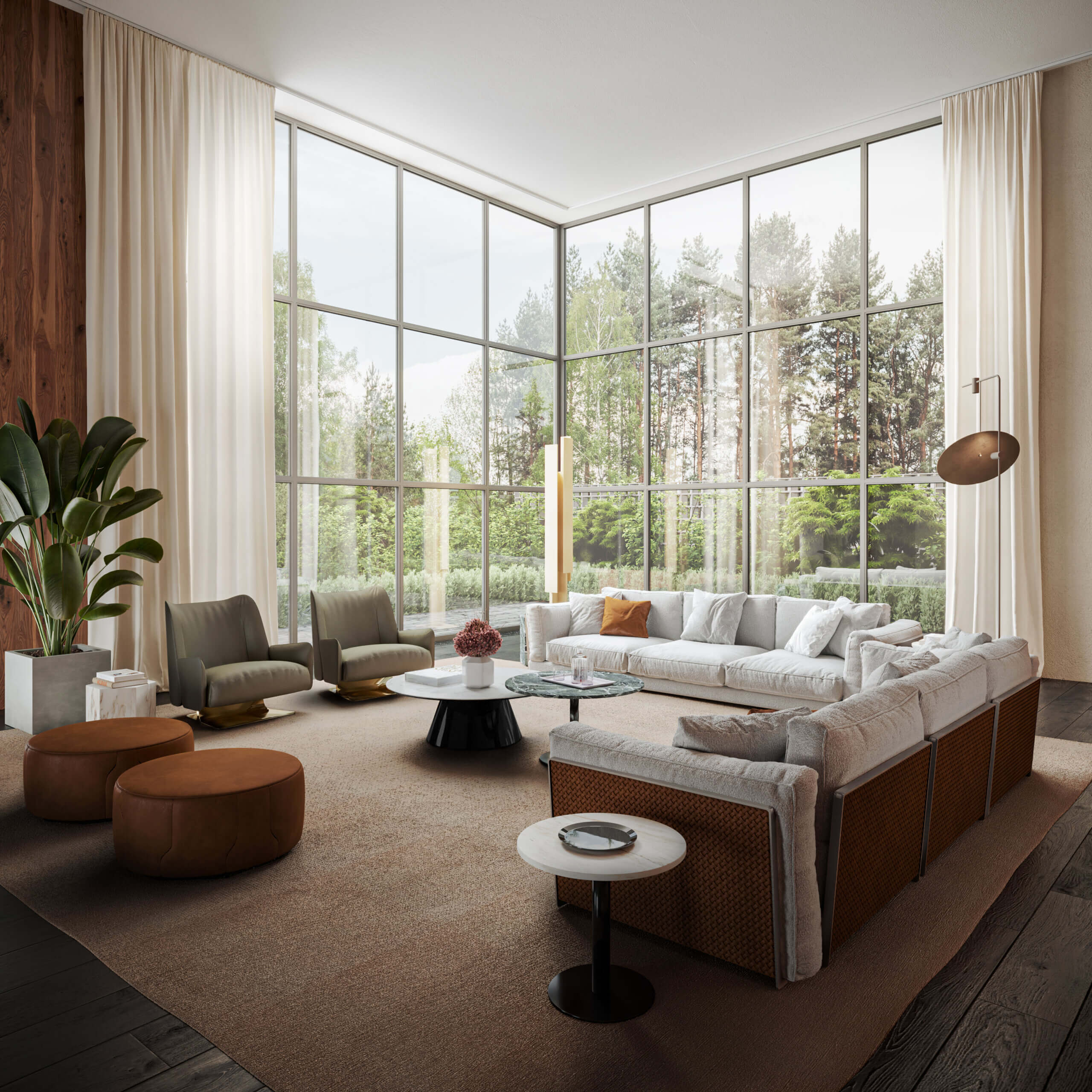 Modular sofa, light gray fabric, brown leather accents in a living room with forest view, marble coffee table, wood flooring.