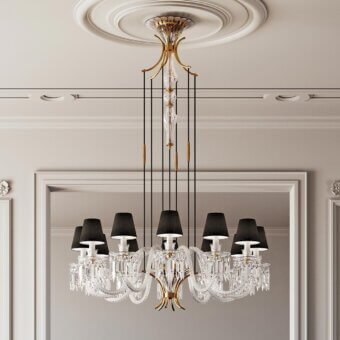 Exclusive Italamp Margot chandelier with tiered artistic glass and crystal plus anthracite fabric lampshades in a matt black metal frame
