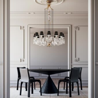 Distinguished Italamp Margot chandelier crafted with crystal, artistic glass, plus anthracite fabric lampshades and a matt black finish