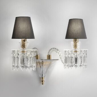 Exclusive Italamp Margot wall lamp crafted in crystal and artistic glass with black conical shades and light gold metal detailing