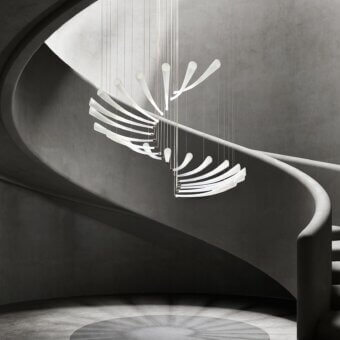 Superior Italamp Pulsa Spira suspension lamp with swirling artistic blown glass pendants in iron grey metal structure