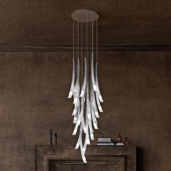 Distinguished Italamp Pulsa suspension lamp with fluted blown glass pendants in white and a light gold metal structure