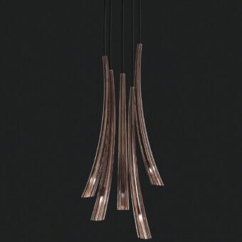 Elegant Italamp Pulsa suspension lamp with fluted blown glass pendants and a light gold metal structure in dove finish