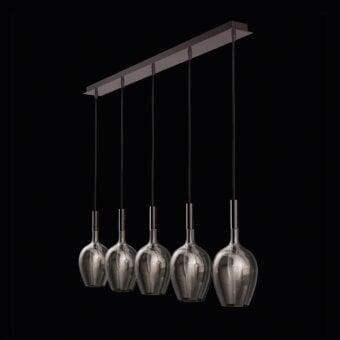 Distinguished Italamp Rosè suspension lamp with five smoky grey blown glass diffusers and glossy bronze metal base