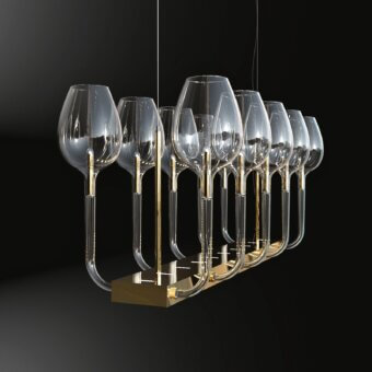 Elegant Italamp Rosè chandelier with refined transparent glass diffusers and golden metal structure