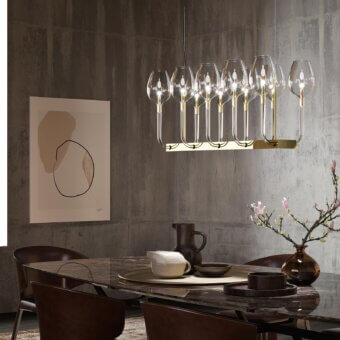 Exceptional Italamp Rosè chandelier with transparent glass diffusers and glossy gold finished metal structure