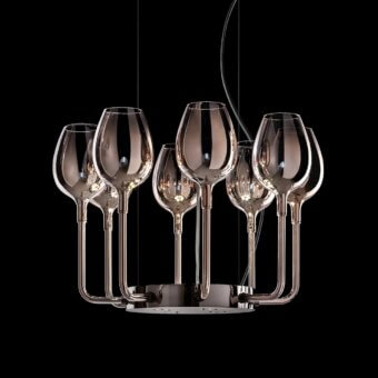 Italamp rose chandelier, smoky amber glass, six wine glass-shaped lights suspended from a dark gray metal circular base with curved arms.