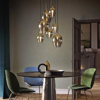 Exceptional Italamp Rosè suspension lamp with golden shiny coating blown glass diffusers and round metal structure