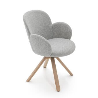 Distinguished Moroso Tulp armchair with soft lines and a shell crafted in polyurethane upholstered with matte gray fabric and ash wood legs