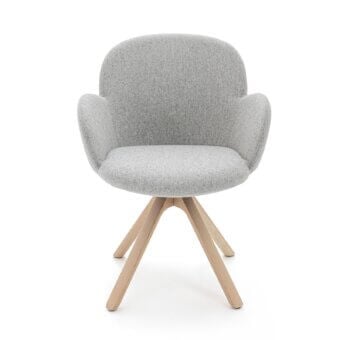Elegant Moroso Tulp armchair with soft light gray upholstery and FSC Certified ash wood legs crafted with a steel frame