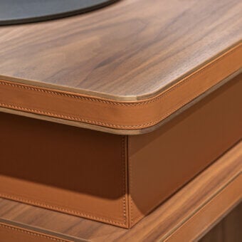 Exceptional Turri Echo desk with walnut wood top, tan leather accents and leather-lined drawers crafted in Italy