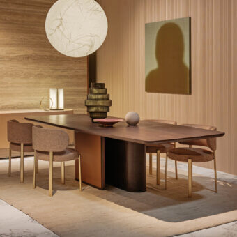 Exclusive Turri Echo table crafted in Italy with walnut wood tabletop and leather-covered base in dark brown tones with matte finish