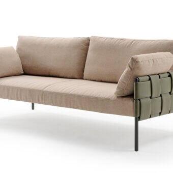 Distinguished Turri Ratio sofa with woven olive green leather and smooth beige fabric upholstery for exceptional comfort
