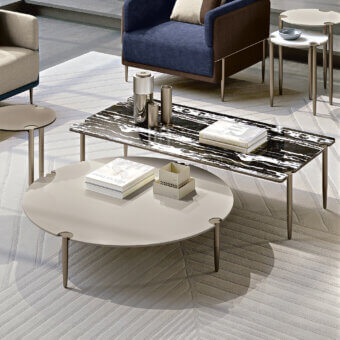 Distinguished Turri Zero coffee table with overlapping wooden tops and sleek light beige lacquered finish