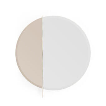 Distinguished Turri Zero mirror with a round glossy lacquered wood structure bisected by a delicate metal line in light beige and clear reflection