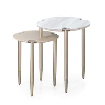 Exclusive Turri Zero side table with light gold metal legs and white clover-shaped top crafted in lacquered wood
