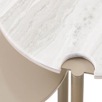 Distinguished Turri Zero side table with off-white faux-marble top and light tan lacquered wood panel built with thin metal legs