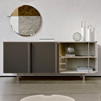 Superior Turri Zero sideboard with glossy lacquered wood, supple leather doors and a glass shelf