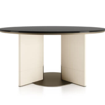 Distinguished Turri Zero table with sculptural intersecting base clad in beige leather and glossy black lacquered wood top