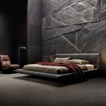 Distinguished WAYNE Enterprises WE-021 bed with lacquered base, light beige mattress and red-brown textile draping in matte leather or synthetic material
