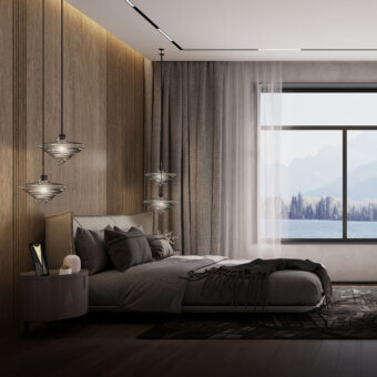 Distinguished WAYNE Enterprises WE-022 bed with light textile upholstery and lacquered base crafted for a contemporary bedroom