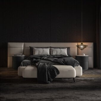Elegant WAYNE Enterprises WE-075 bed with light upholstery, a leather headboard and dark-colored legs crafted in Italy