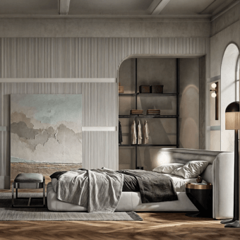 Distinguished WAYNE Enterprises WE-078 bed with light gray textile upholstery and lacquered base evoking modern elegance