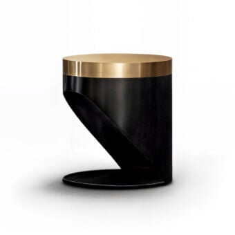 Exclusive WAYNE Enterprises WE-079 nightstand with cylindrical form and curved base crafted in black lacquered structure with metallic lacquered brass
