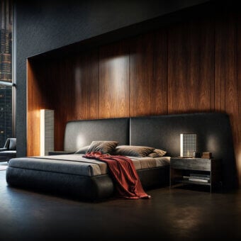 Wayne bed, dark gray upholstery, curved headboard, modern bedroom with wood paneling, recessed lighting, bedside table, minimalist design.