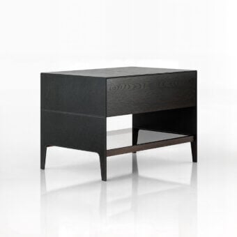 Exclusive Wayne Enterprises WE-108 nightstand with wood veneer, leather, reflective mirror, and sleek metal details crafted in Italy