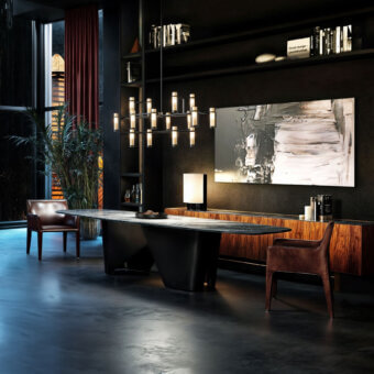Exceptional WAYNE Enterprises WE-114 table with dark marble top and angular wood veneer base crafted in Italy