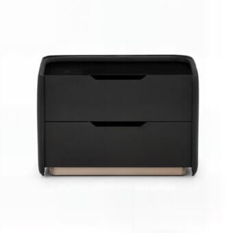 Superior WAYNE Enterprises WE-150 nightstand upholstered in sleek black leather with wood veneer and beige metallic lacquered base