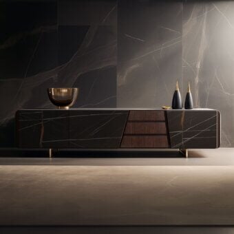 Distinguished WAYNE Enterprises WE-177 sideboard with marble-like lacquer, wood veneer drawers and a metallic lacquered base