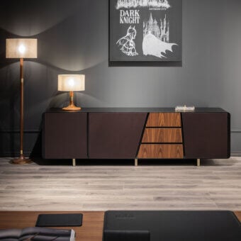 Distinguished WAYNE Enterprises WE-177 sideboard crafted in Italy with ceramic marble doors and reddish-brown wood veneer with a satin finish