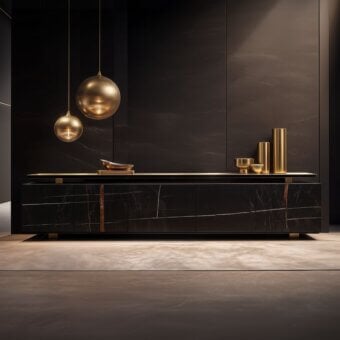 Wayne sideboard, dark marble top, gold accents, long low profile with drawers, modern interior setting, brushed gold pendant lights.