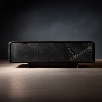 Wayne sideboard, dark gray textured finish, curved silhouette with marble-effect panel and bronze pulls, tapered legs, studio setting.
