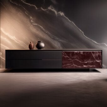 Wayne sideboard, dark brown matte finish, three drawers with red marble center panel and ceramic vessels on top.