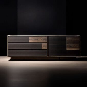Walnut sideboard with gold metal frame, rectangular shape, featuring drawers and doors with a matte finish and contrasting wood panel.