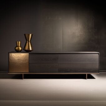 Wayne sideboard, ebonized wood and gold metal, features six drawers, tapered legs, and sculptural vases on top.