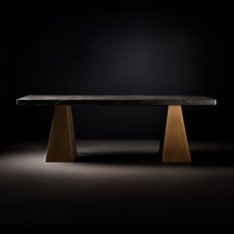 Console table, dark gray marble top with white veining, brushed brass inverted triangular legs, minimalist modern design, studio lighting.