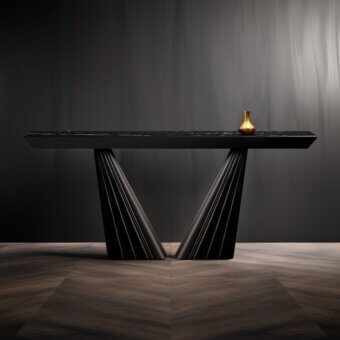 Console table, dark wood, inverted V-legs with layered design, rectangular tabletop with textured surface, gold vase, chevron wood floor.