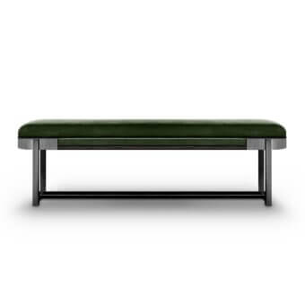 Exclusive WAYNE Enterprises WE-223 bench with dark green upholstery, metallic lacquering and a high-end wood veneer shelf